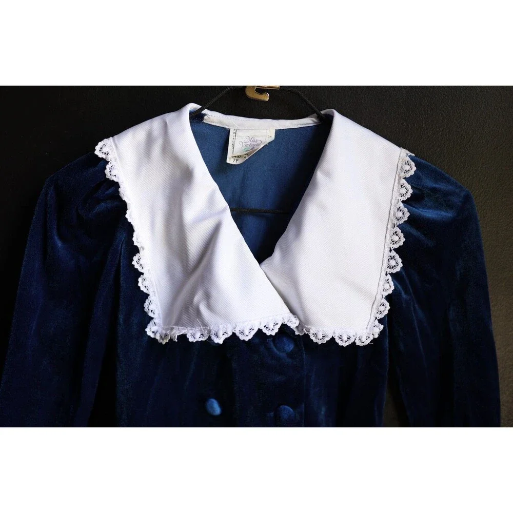 Vintage 80s 90s Royal Blue Velvet White Collar Girls Dress Victorian Style 7P